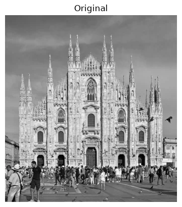 Original grayscale photo of Milan Cathedral used as the input matrix